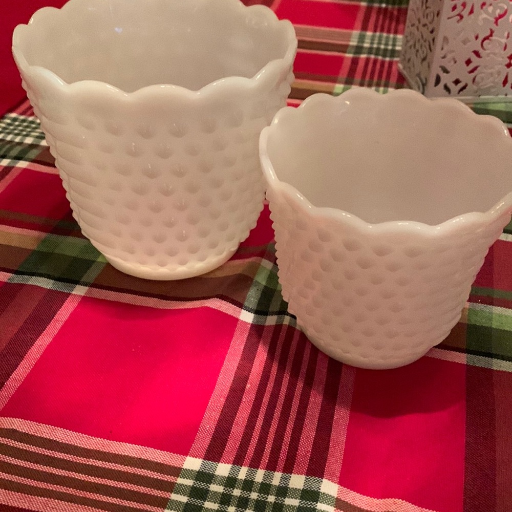 2 milk glass vases/platers or snack servers small one is fire king